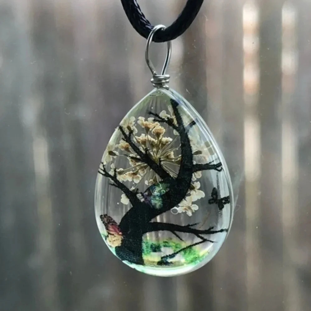 Cream Butterfly Tree Real Flower Teardrop Pendant Necklace NWT